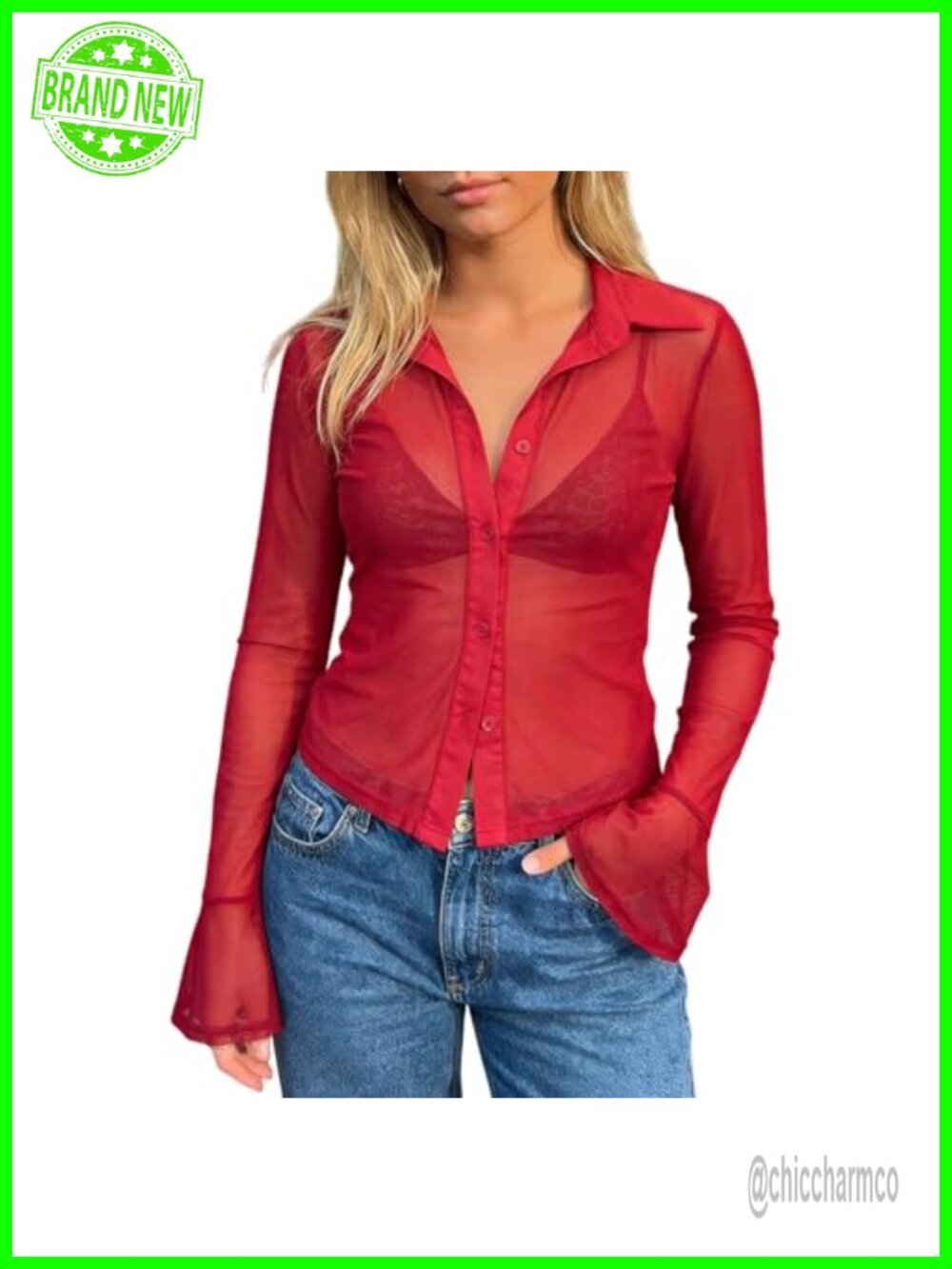Sheer Mesh Button Down Shirt Flare Long Sleeve V Neck Fitted Blouse